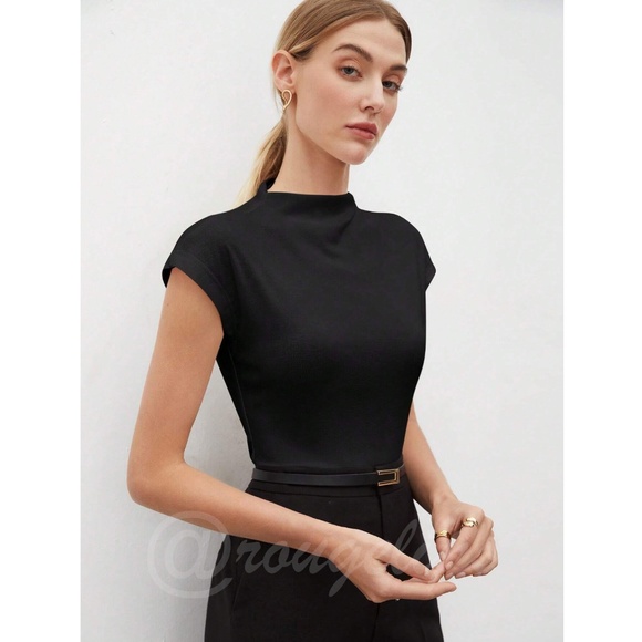 Black High Neck Cap Short Sleeve Tee Shirt - Picture 6 of 12